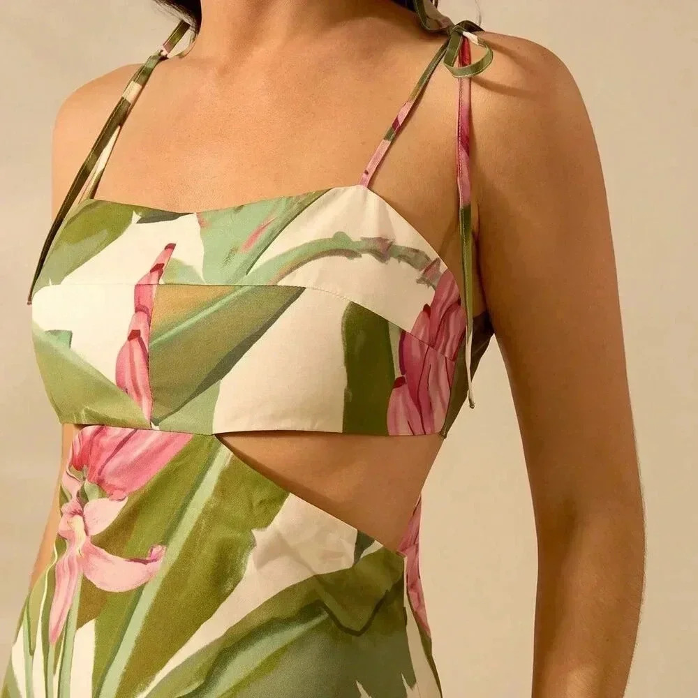 Multicolor Boho Women's Banana Tree Print Sleeveless Spaghetti Strap Dress - Picture 6 of 7